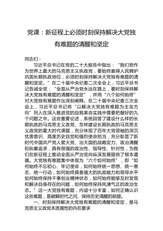 党课：新征程上必须时刻保持解决大党独有难题的清醒和坚定