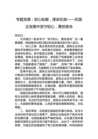专题党课：初心如磐，使命在肩——在国企发展中坚守初心，勇担使命