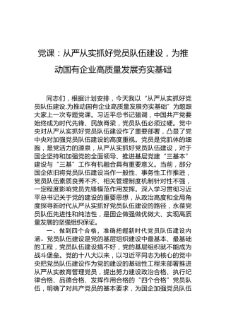 党课：从严从实抓好党员队伍建设，为推动国有企业高质量发展夯实基础