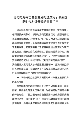 党课讲稿：努力把海南自由贸易港打造成为引领我国新时代对外开放的重要门户