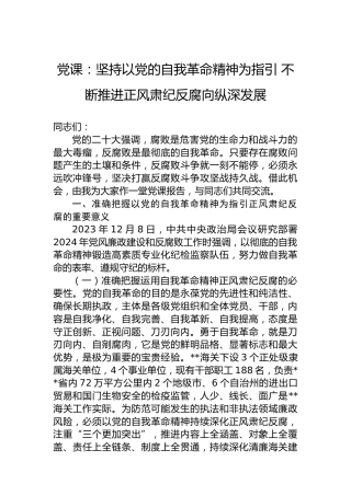 党课：坚持以党的自我革命精神为指引 不断推进正风肃纪反腐向纵深发展