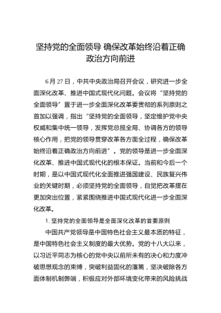 坚持党的全面领导 确保改革始终沿着正确政治方向前进