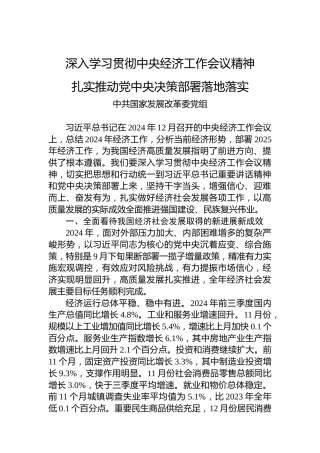 深入学习贯彻中央经济工作会议精神 扎实推动党中央决策部署落地落实