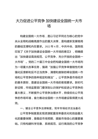 党课讲稿：大力促进公平竞争 加快建设全国统一大市场