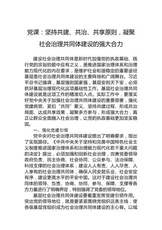 党课：坚持共建、共治、共享原则，凝聚社会治理共同体建设的强大合力