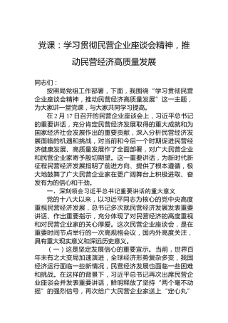 党课：学习贯彻民营企业座谈会精神，推动民营经济高质量发展
