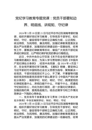 专题活动学习专题党课：党员干部要知边界、明底线、讲规矩、守纪律