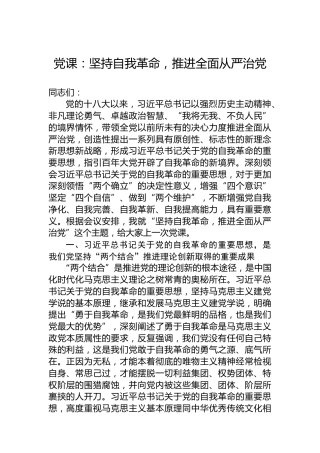 党课：坚持自我革命，推进全面从严治党