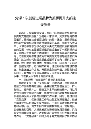 党课：以创建过硬品牌为抓手提升支部建设质量