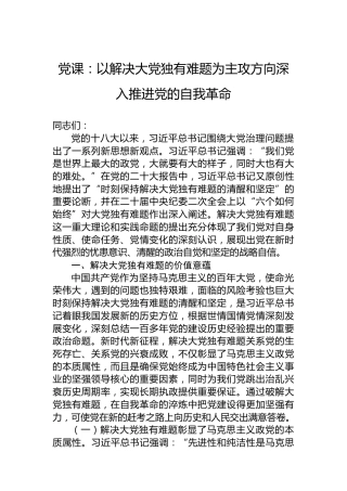 党课：以解决大党独有难题为主攻方向深入推进党的自我革命