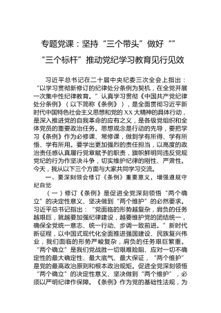 专题党课：坚持“三个带头”做好“”“三个标杆”推动纪律教育培训见行见效
