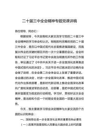 二十届三中全会专题党课讲稿