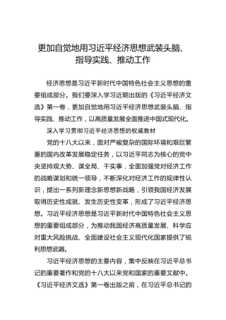 党课讲稿：更加自觉地用习近平经济思想武装头脑、指导实践、推动工作