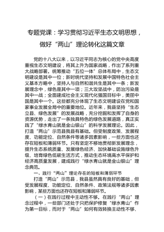 专题党课：学习贯彻习近平生态文明思想，做好“两山”理论转化这篇文章