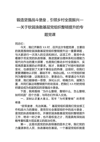 锻造坚强战斗堡垒，引领乡村全面振兴——关于软弱涣散基层党组织整顿提升的专题党课