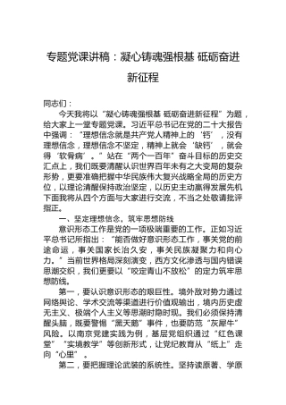 专题党课讲稿：凝心铸魂强根基 砥砺奋进新征程
