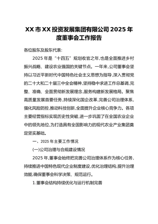 XX市XX投资发展集团有限公司2025年度董事会工作报告