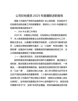 公司纪检委员2025年度履职述职报告