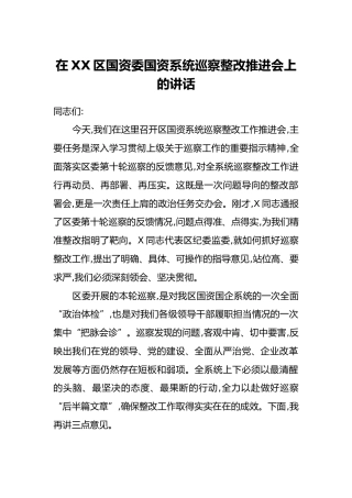 在XX区国资委国资系统巡察整改推进会上的讲话_1