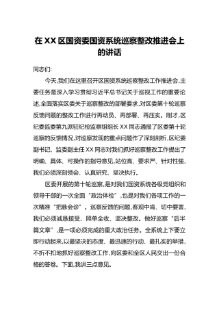 在XX区国资委国资系统巡察整改推进会上的讲话