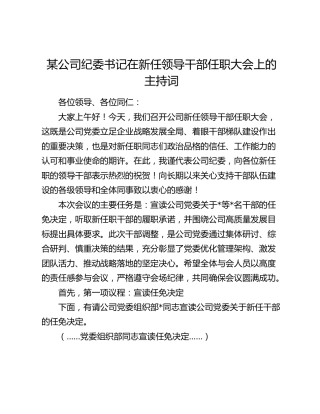 某公司纪委书记在新任领导干部任职大会上的主持词