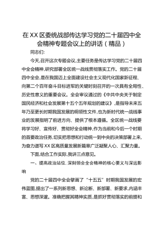 在XX区委统战部传达学习党的二十届四中全会精神专题会议上的讲话（精品）