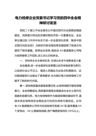 电力检修企业党委书记学习党的四中全会精神研讨发言