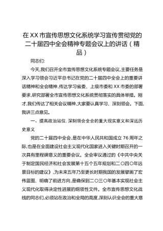 在XX市宣传思想文化系统学习宣传贯彻党的二十届四中全会精神专题会议上的讲话（精品）