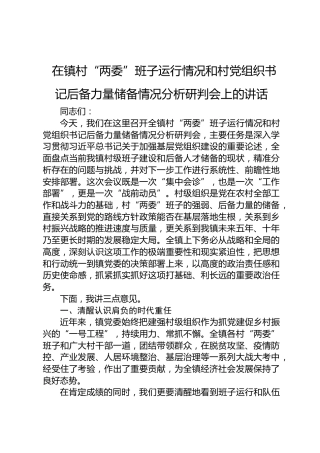 在乡镇村“两委”班子运行情况和村党组织书记后备力量储备情况分析研判会上的讲话