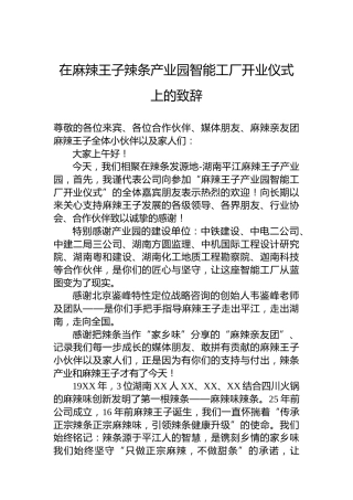 在麻辣王子辣条产业园智能工厂开业仪式上的致辞