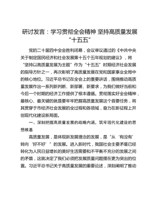研讨发言：学习贯彻四中全会精神 坚持高质量发展“十五五”