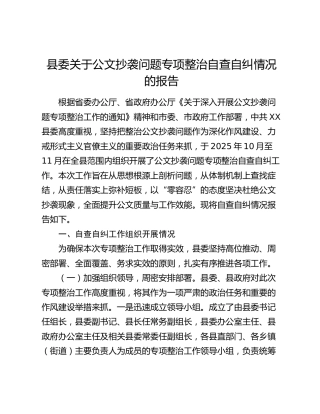 县委关于公文抄袭问题专项整治自查自纠情况的报告
