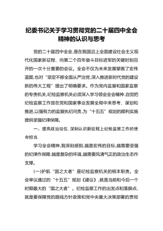 纪委书记关于学习贯彻党的二十届四中全会精神的认识与思考