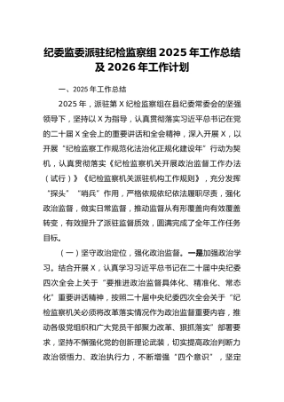 纪委监委派驻纪检监察组2025年工作总结及2026年工作计划