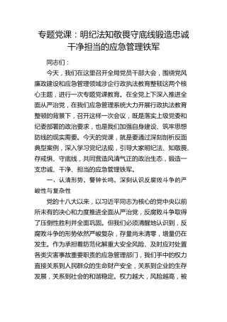 党课：明纪法知敬畏守底线   锻造忠诚干净担当的应急管理铁军