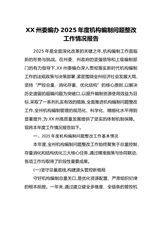 XX州委编办2025年度机构编制问题整改工作情况报告