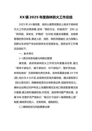 XX镇2025年度森林防火工作总结