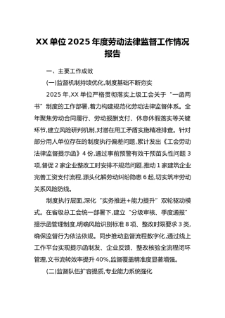 XX单位2025年度劳动法律监督工作情况报告