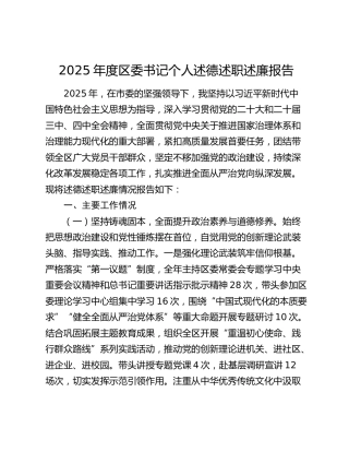 2025年度区委书记个人述德述职述廉报告