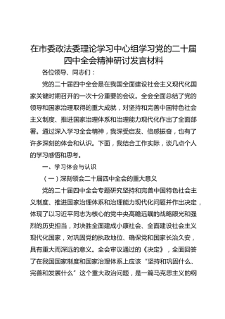 在市委政法委理论学习中心组学习党的二十届四中全会精神研讨发言材料