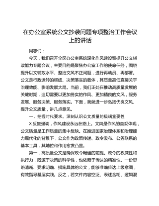 在办公室系统公文抄袭问题专项整治工作会议上的讲话