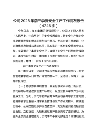 国企2025年前三季度安全生产工作情况报告