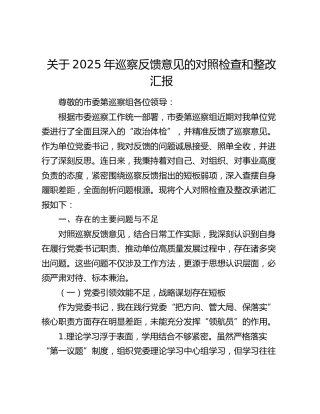 关于2025年巡察反馈意见的对照检查和整改汇报