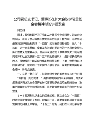 公司党总支书记、董事长在扩大会议学习贯彻四中全会精神时的讲话发言