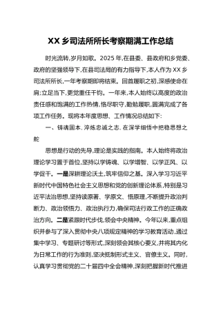 XX乡司法所所长考察期满工作总结