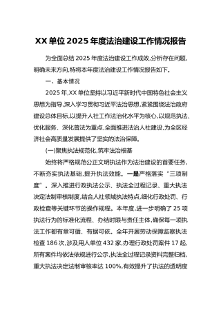 XX单位2025年度法治建设工作情况报告
