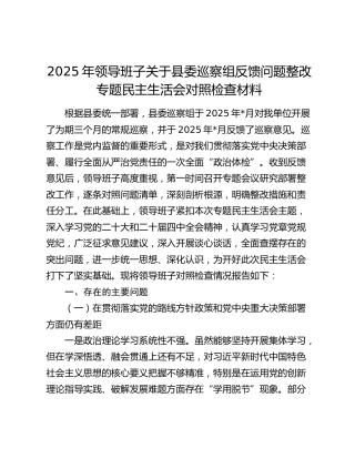 2025年领导班子关于县委巡察组反馈问题整改专题民主生活会对照检查材料（2）