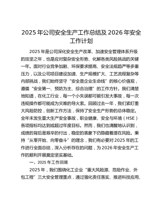 2025年公司安全生产工作总结及2026年安全工作计划