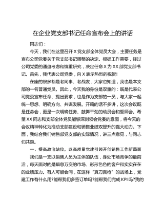 在企业党支部书记任命宣布会上的讲话