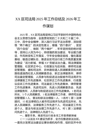 XX区司法局2025年工作总结及2026年工作谋划